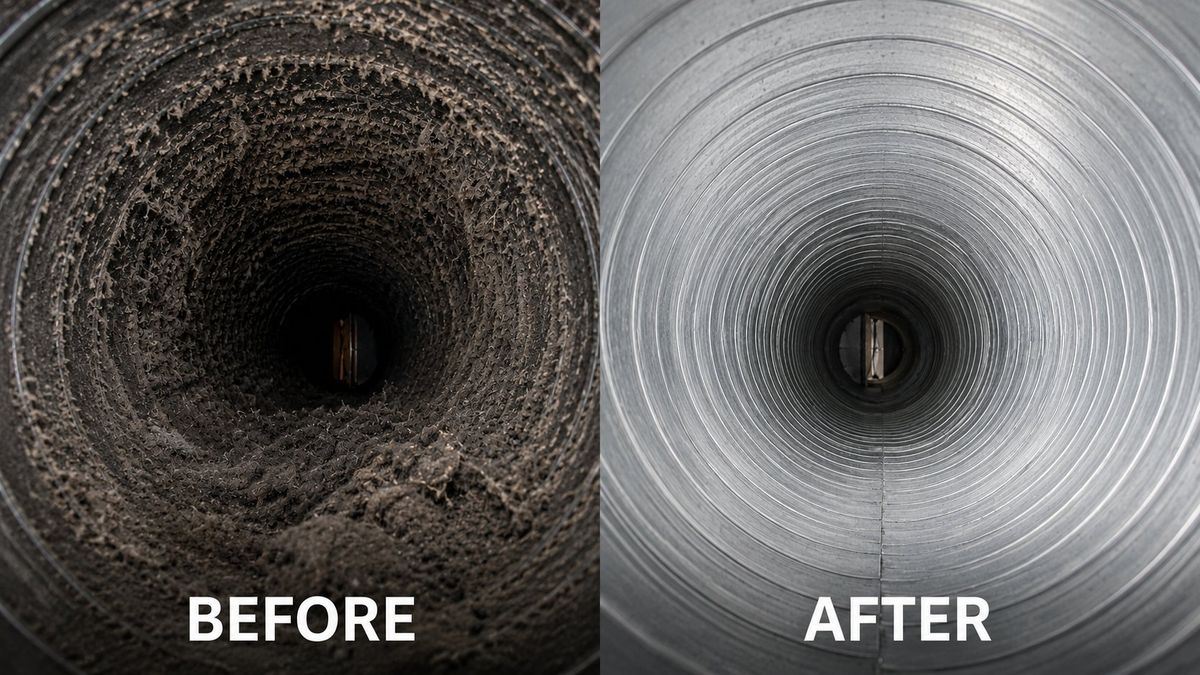 Before and after of round air duct cleaning