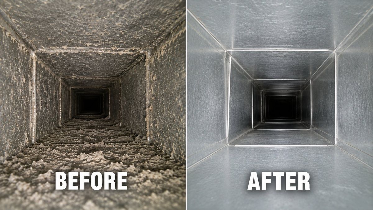 Before and after of square air duct cleaning, heavily clogged